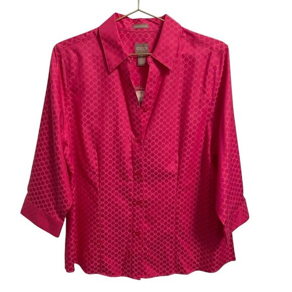 Chico's Wrinkle Resistant Geo Jacquard Quarter Sleeve Button-Down Shirt Large - Picture 1 of 7
